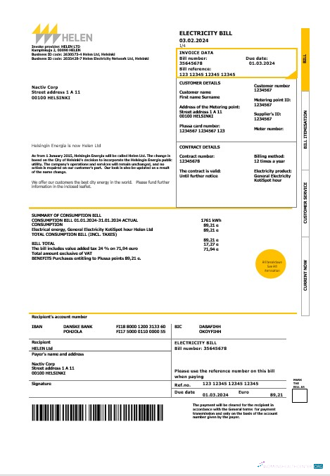 Download Finland HELEN business utility bill template in Word and PDF formats Photoshop template